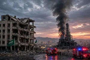 Damaged buildings and oil infrastructure in Saudi Arabia after Houthi attack with smoke and emergency vehicles