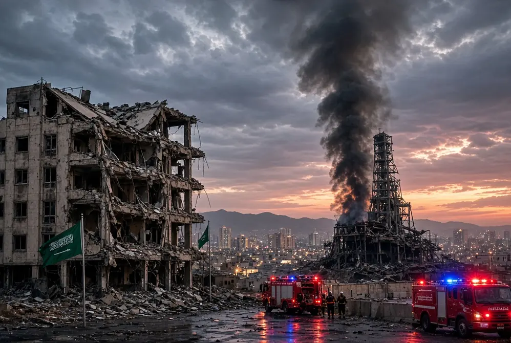 Damaged buildings and oil infrastructure in Saudi Arabia after Houthi attack with smoke and emergency vehicles