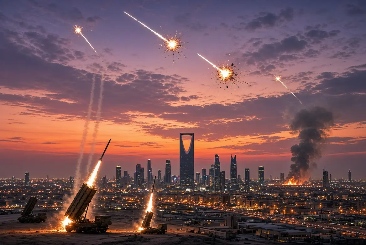 Saudi air defenses intercepting Houthi drones Riyadh skyline at dusk with missile trails explosions and smoke plume near airport