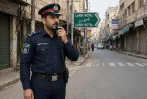 Khyber Pakhtunkhwa traffic police warden speaking on wireless radio during patrol related to Tank police attack in bazaar street