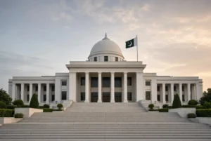 Imran hospital case linked to Supreme Court of Pakistan building in Islamabad under evening sky with Pakistani flag