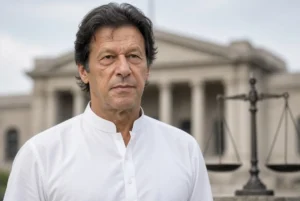 Imran Khan sister related image of former PM Imran Khan standing seriously in front of court building with justice scales