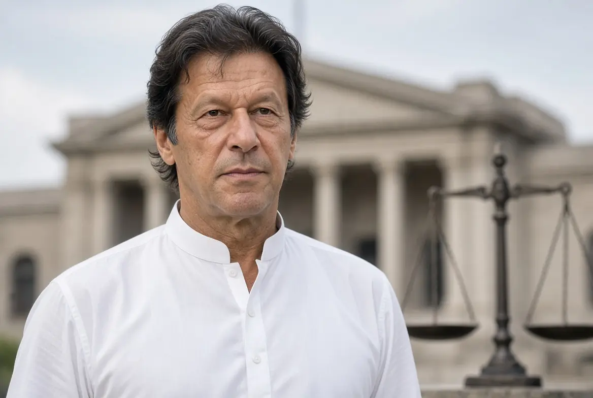 Imran Khan sister related image of former PM Imran Khan standing seriously in front of court building with justice scales
