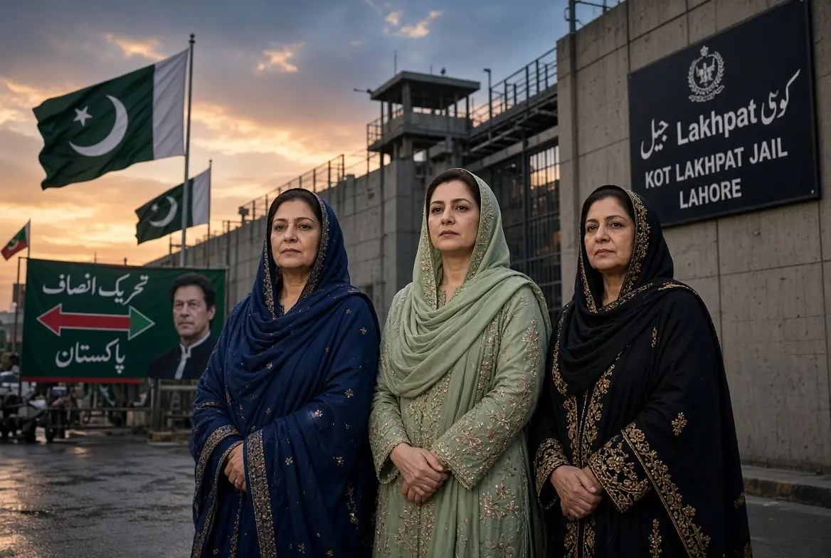 Imran sisters detained standing outside Kot Lakhpat Jail in Lahore with Pakistani flags and PTI banner in the background