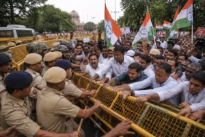 Opposition supporters clash with police barricades during a protest in New Delhi over allegations of voter roll manipulation and demands for the resignation of India's Chief Election Commissioner Gyanesh Kumar.