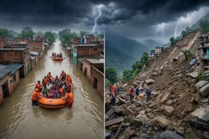 Flooded areas in India and Nepal after heavy rainfall and landslides in September 2026, causing deaths, damage to homes, and large-scale rescue operations.