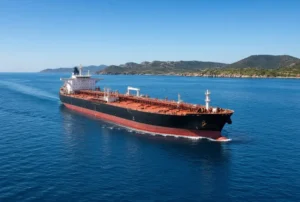 Large oil tanker sailing in the Arabian Sea near the Indian coastline related to India US tariffs on Russian oil purchases
