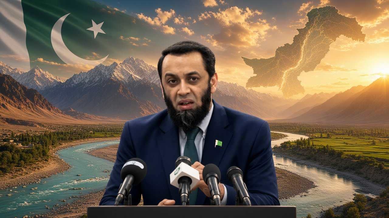 Attaullah Tarar speaking on Indus Waters Treaty with Indus River flowing and Pakistan map in background