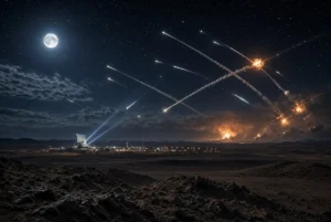 Dramatic nighttime landscape showing air defense systems intercepting an Iran missile attack over the Jordan desert with bright missile trails, explosions, and a military base under the moonlit sky