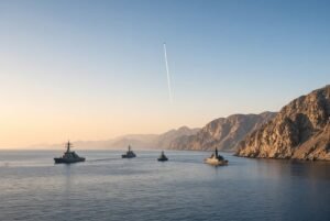 Professional graphic of Iran missile threat showing maritime exclusion zone over the Strait of Hormuz with naval warships