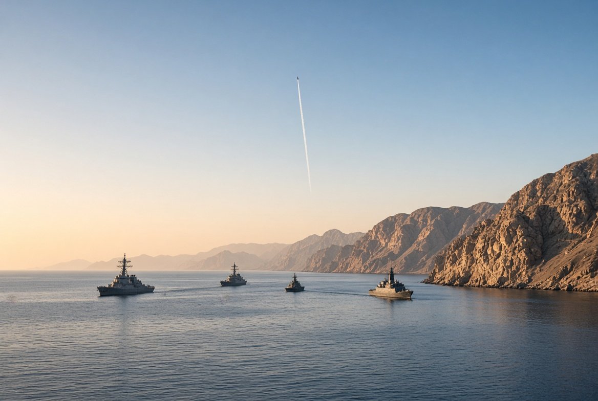 Professional graphic of Iran missile threat showing maritime exclusion zone over the Strait of Hormuz with naval warships