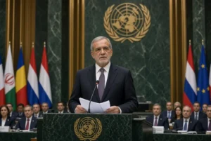 Iranian President Masoud Pezeshkian speaks at the United Nations podium during Iran UN speech addressing global assembly