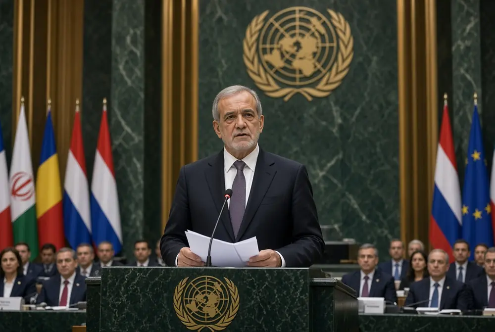 Iranian President Masoud Pezeshkian speaks at the United Nations podium during Iran UN speech addressing global assembly