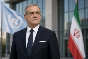 Iranian President Masoud Pezeshkian standing formally with UN and Iran flags before Iran UN visas dispute for his delegation