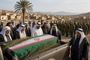 Mourners and soldiers gather around Iranian flag-draped coffin at funeral after Iran US attack on wedding in coastal village