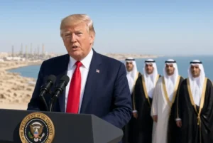 US President Donald Trump speaks at a podium with Gulf leaders in traditional attire standing behind him against a desert and oil facility backdrop related to Iran war end talks