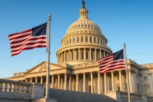 US Capitol building with American flags under clear blue sky illustrating the Israel boycott bill passed by the House of Representatives