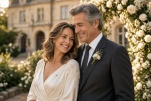 Elegant mature couple smiling warmly at Jemima Goldsmith wedding in sunlit garden with white roses and classic building backdrop