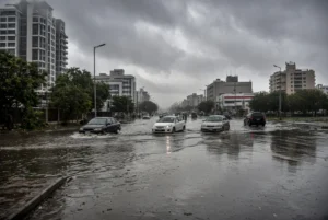 Vehicles moving through waterlogged streets during Karachi light rain under heavy monsoon clouds
