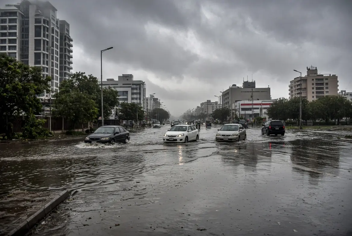 Vehicles moving through waterlogged streets during Karachi light rain under heavy monsoon clouds