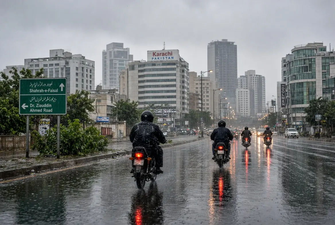 Motorcyclists riding carefully on wet roads during Karachi light rain with cloudy humid sky and city buildings in background