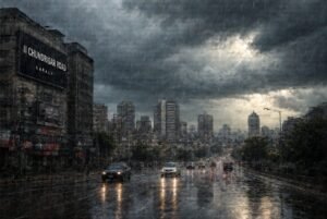 Dramatic view of Karachi Rain Today with dark thunderstorm clouds and light rain falling over the wet city roads and skyline