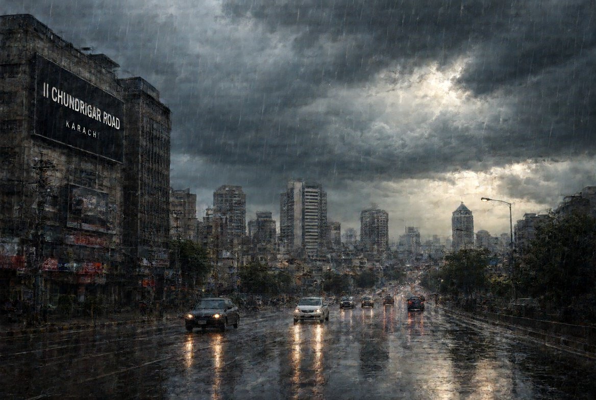 Dramatic view of Karachi Rain Today with dark thunderstorm clouds and light rain falling over the wet city roads and skyline