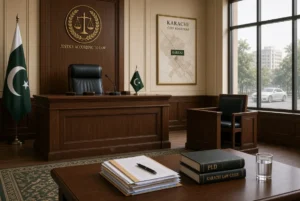 Professional courtroom interior with justice scales, Pakistan flag and Karachi map highlighting Karsaz driver acquitted case