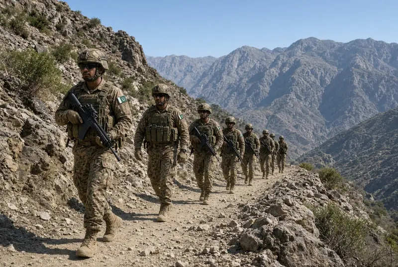 Pakistan Army soldiers on patrol in the mountainous terrain of Khyber Pakhtunkhwa related to KP militants killed operations