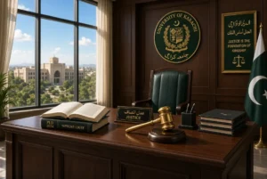Elegant courtroom desk with golden gavel, law books and University of Karachi seal symbolizing justice in the KU professor assault case