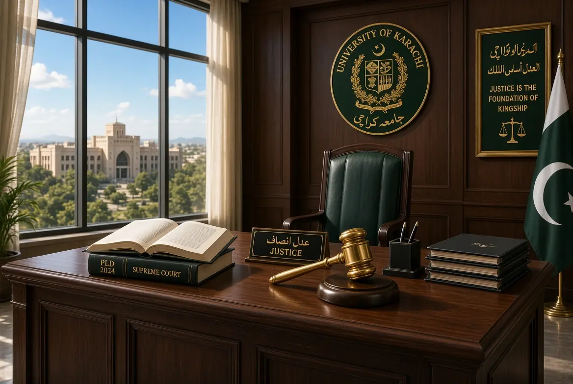 Elegant courtroom desk with golden gavel, law books and University of Karachi seal symbolizing justice in the KU professor assault case