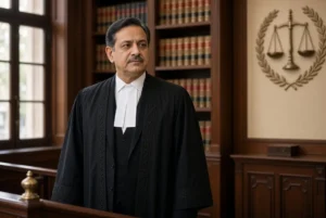 Professional portrait of a Lahore High Court judge in formal black robes standing in a courtroom related to LHC judge resignation