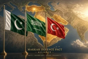 Flags of Pakistan, Saudi Arabia and Turkey with Middle East map background representing the Makkah defence pact alliance