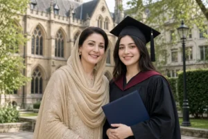 Maryam Nawaz smiling proudly with daughter Mahnoor Safdar in graduation gown at SOAS University of London ceremony