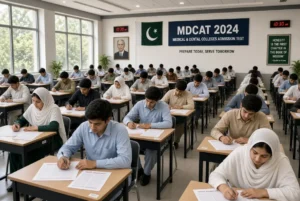 Students taking the MDCAT 2026 medical and dental college admission test in a large examination hall