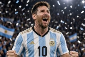 Lionel Messi lifting the FIFA World Cup trophy with Argentina teammates celebrating the defining moment of Messi Argentina career