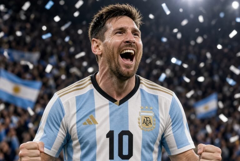 Lionel Messi lifting the FIFA World Cup trophy with Argentina teammates celebrating the defining moment of Messi Argentina career