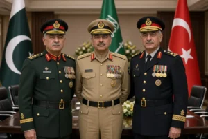 Pakistan Saudi and Turkish military chiefs meeting in formal uniforms under the Makkah defence agreement