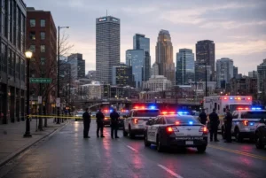 Police officers and emergency vehicles respond to Minneapolis shooting near downtown skyline with flashing lights
