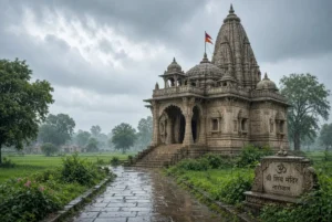 Traditional Hindu temple in rainy Punjab landscape related to Narowal temple claims by Pakistan