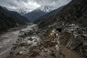 Rescue teams with yellow excavators clearing thick mud and debris from a blocked hydropower tunnel after devastating Nepal floods in the Himalayan mountains