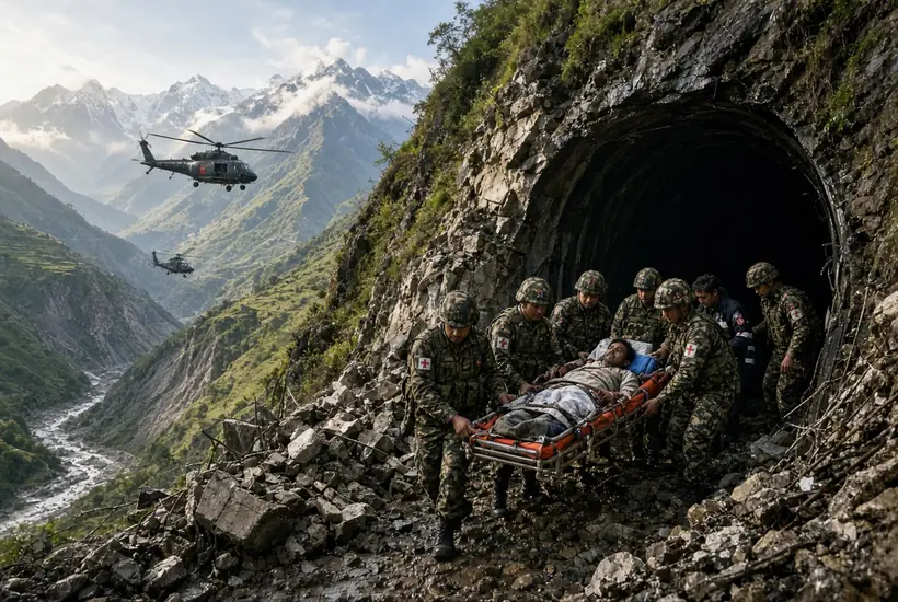 Nepal army rescuers carrying a survivor on stretcher out of hydropower tunnel during Nepal tunnel rescue operation in Himalayan mountains