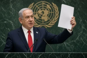 Benjamin Netanyahu raising a white document while speaking at the UN podium during Netanyahu UN speech