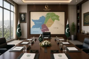 Official conference room with Pakistan map discussing new provinces proposal by Planning Minister