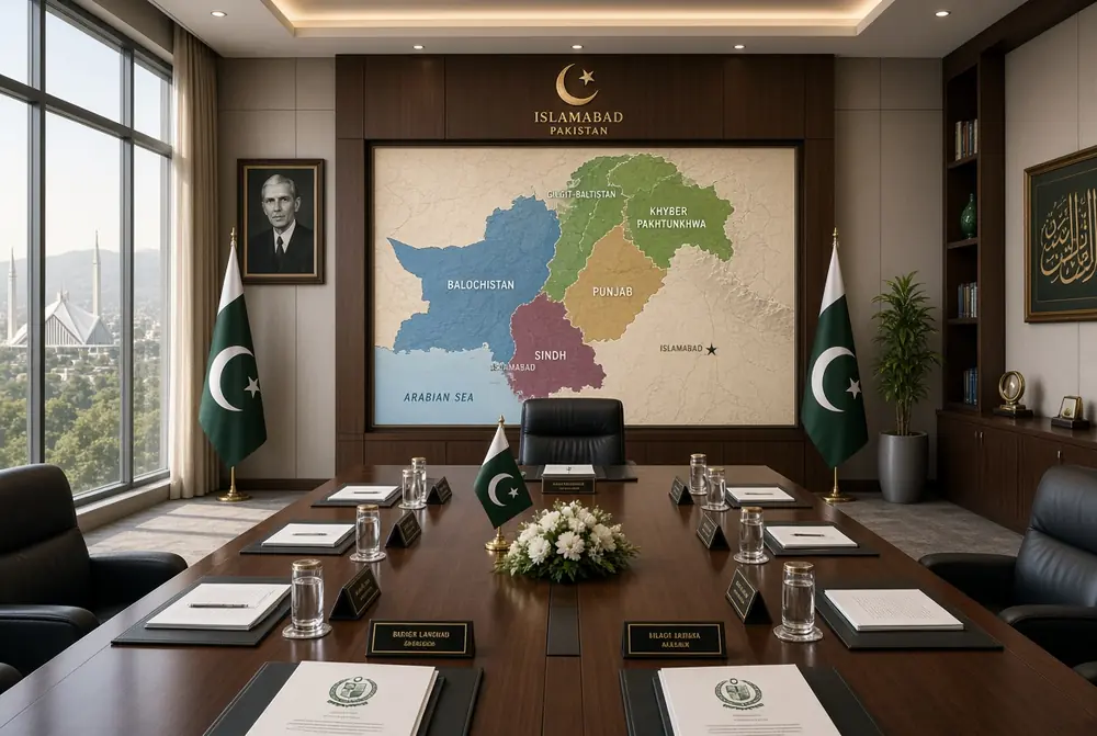 Official conference room with Pakistan map discussing new provinces proposal by Planning Minister
