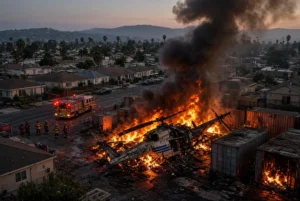 Aerial view of news helicopter crash wreckage burning amid flames and smoke near shipping containers and fire trucks in Chatsworth Los Angeles