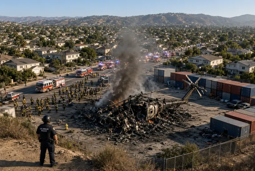 News helicopter crash wreckage burning with smoke, firefighters and Los Angeles police at the scene in Chatsworth neighborhood