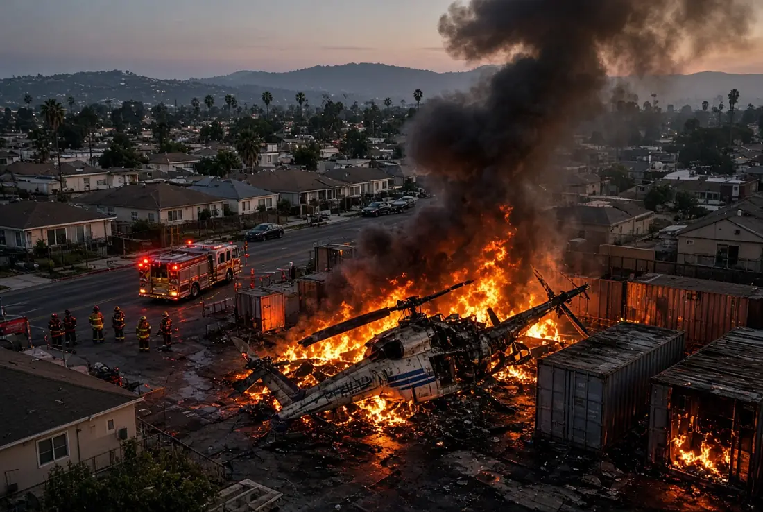 Aerial view of news helicopter crash wreckage burning amid flames and smoke near shipping containers and fire trucks in Chatsworth Los Angeles