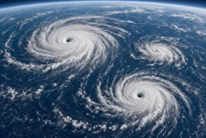 Satellite view of three Pacific cyclones including powerful hurricanes over the ocean fueled by El Nino