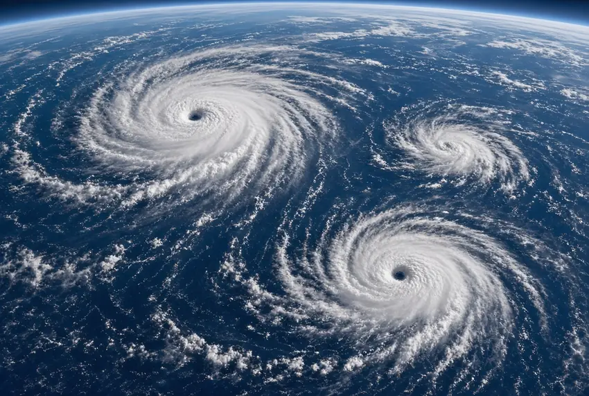Satellite view of three Pacific cyclones including powerful hurricanes over the ocean fueled by El Nino